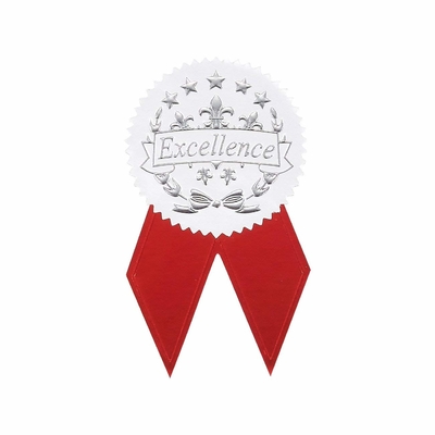 Adhesive Paper Silver Embossed Stickers Certificate Use With Red Ribbon