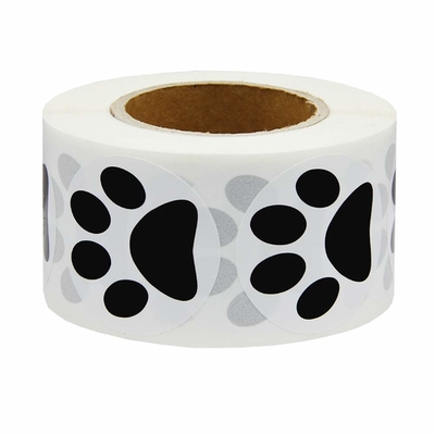 Permanent Adhesive Circle Stickers 500psc / Roll With Black Puppy Paw / Bear Paw Design