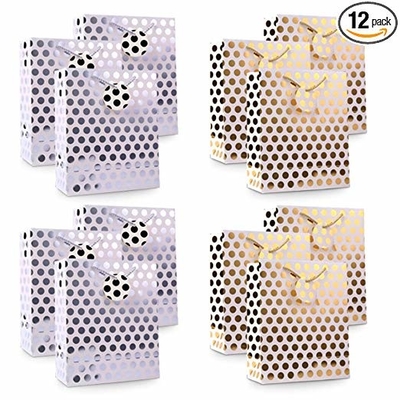 Premium Kraft Paper Gift Bags Gold / Sliver Metallic Polka Dots Pattern With Hang Tag