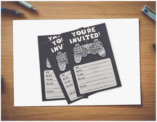Video Game Theme Invitation Postcards Black Color Birthday Party Usage