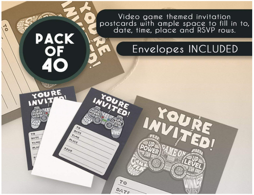 Video Game Theme Invitation Postcards Black Color Birthday Party Usage
