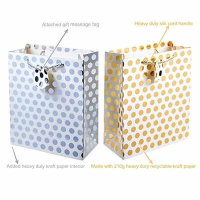 Premium Kraft Paper Gift Bags Gold / Sliver Metallic Polka Dots Pattern With Hang Tag