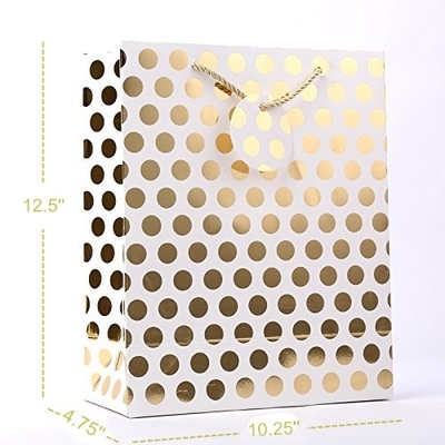 Premium Kraft Paper Gift Bags Gold / Sliver Metallic Polka Dots Pattern With Hang Tag
