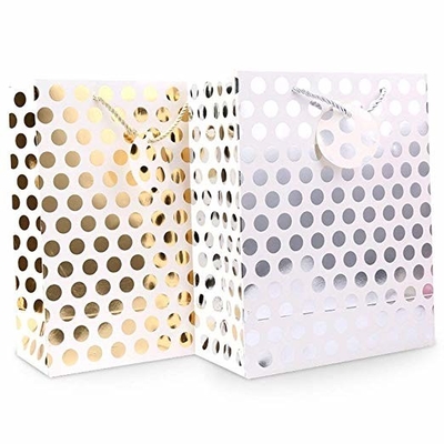Premium Kraft Paper Gift Bags Gold / Sliver Metallic Polka Dots Pattern With Hang Tag