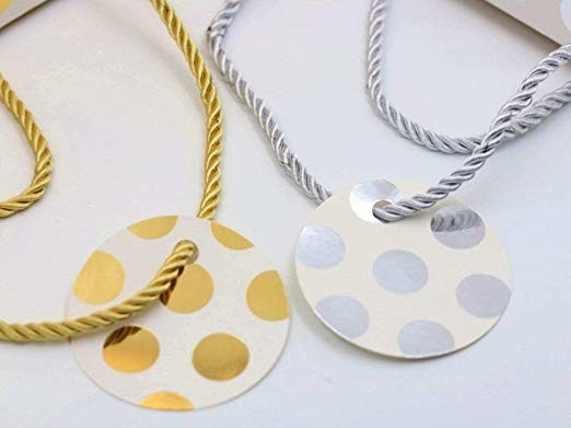 Premium Kraft Paper Gift Bags Gold / Sliver Metallic Polka Dots Pattern With Hang Tag